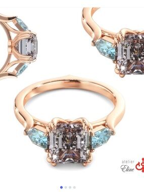 14k Rose Gold Ring with Ascher Cut gray spinel and aquamarine